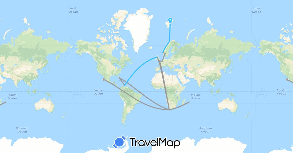 TravelMap itinerary: driving, plane, boat in Belgium, United Kingdom, Mauritius, Mexico, Netherlands, Norway, United States, South Africa (Africa, Europe, North America)
